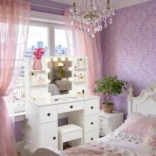 Large Dressing Table W/ 10 LED Lighted Mirror Lady Vanity Makeup Desk Stool Set - 白色 - 查看 5