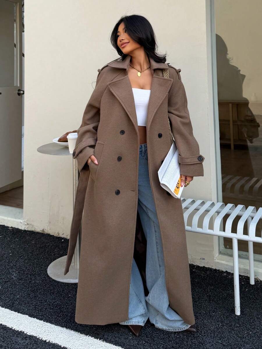 Seelio Autumn/Winter New Women's Fashion Classic Double-Breasted Windbreaker Coat Woolen Overcoat