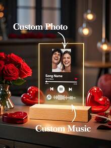 1pc Custom Music LED Night Light, Custom LED Music Plaque, Personalized Led Lamp With Picture And Wooden Base, Personalized Song Acrylic Plaque, Custom Picture Song Lamp, Music Photo Plaque Gift, Light Up Music Plaque, Valentines Gift, Couple Gift, First Wedding Anniversary Gift - Classic - Base B (Warm Light) - View 1