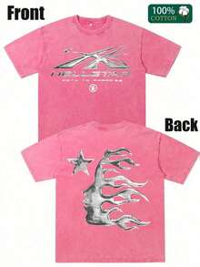 Men's Printed Pattern Washed T-Shirt - Casual Loose Summer T-Shirt With Star And Flame Design, Adult Brown 100% Pure Cotton Round Neck Shirt, Breathable T-Shirt |   Avant-Garde Casual Wear |   100% Pure Cotton Printed T-Shirt - Hot Pink - View 1