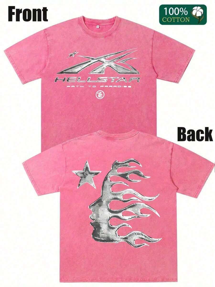 Men's Printed Pattern Washed T-Shirt - Casual Loose Summer T-Shirt With Star And Flame Design, Adult Brown 100% Pure Cotton Round Neck Shirt, Breathable T-Shirt | Avant-Garde Casual Wear | 100% Pure Cotton Printed T-Shirt - Hot Pink - View 1