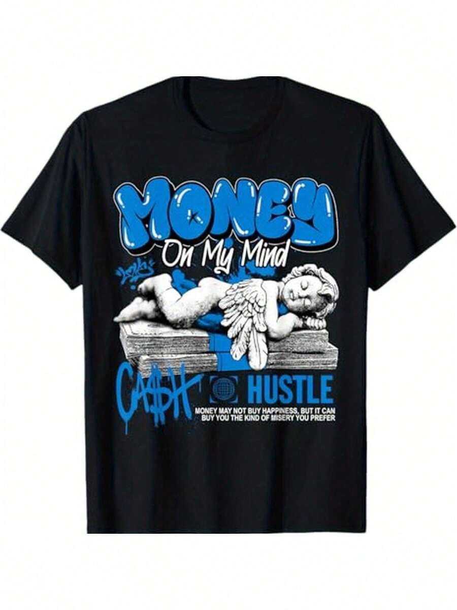 1pc Camiseta Casual de Cuello Redondo para Hombre con Aplicación de Dinero y Efectivo, 100% Algodón con Ligera Elasticidad, Patrón Geométrico, Tema Deportivo y al Aire Libre, Todas las Estaciones, S-XXXL - Negro - Ver 1