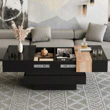 Square Living Room Table 70 X 70 X 39 Cm, Extendable Coffee Table With Hidden Storage, Tea Table With Color Block Design, High Gloss Living Room Side Table, Black, MDF - Hitam - View 6