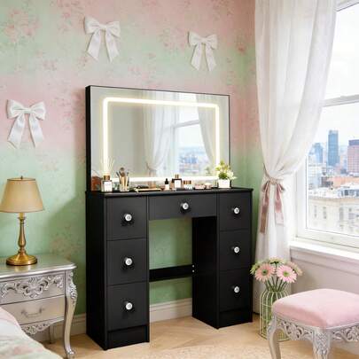 Black 7 Drawers Vanity Desk Makeup Glass Tabletop Mirror 3 Mode LED Lights Gift - Perfect For Organizing Makeup, Skincare, Vanity Furniture, Compact For Small Space, Bedroom Decor Gift , Suitable For Christmas And Halloween Decorations