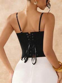 Apperloth A Áo corset crop top phong cách Y2K, áo liền thân gợi cảm hở lưng, thêu hoa ren, chất liệu lưới xuyên thấu phối nhiều mảnh, dây đeo điều chỉnh được, thích hợp cho ngày Valentine và các buổi tiệc tùng. - màu đen - Xem 3