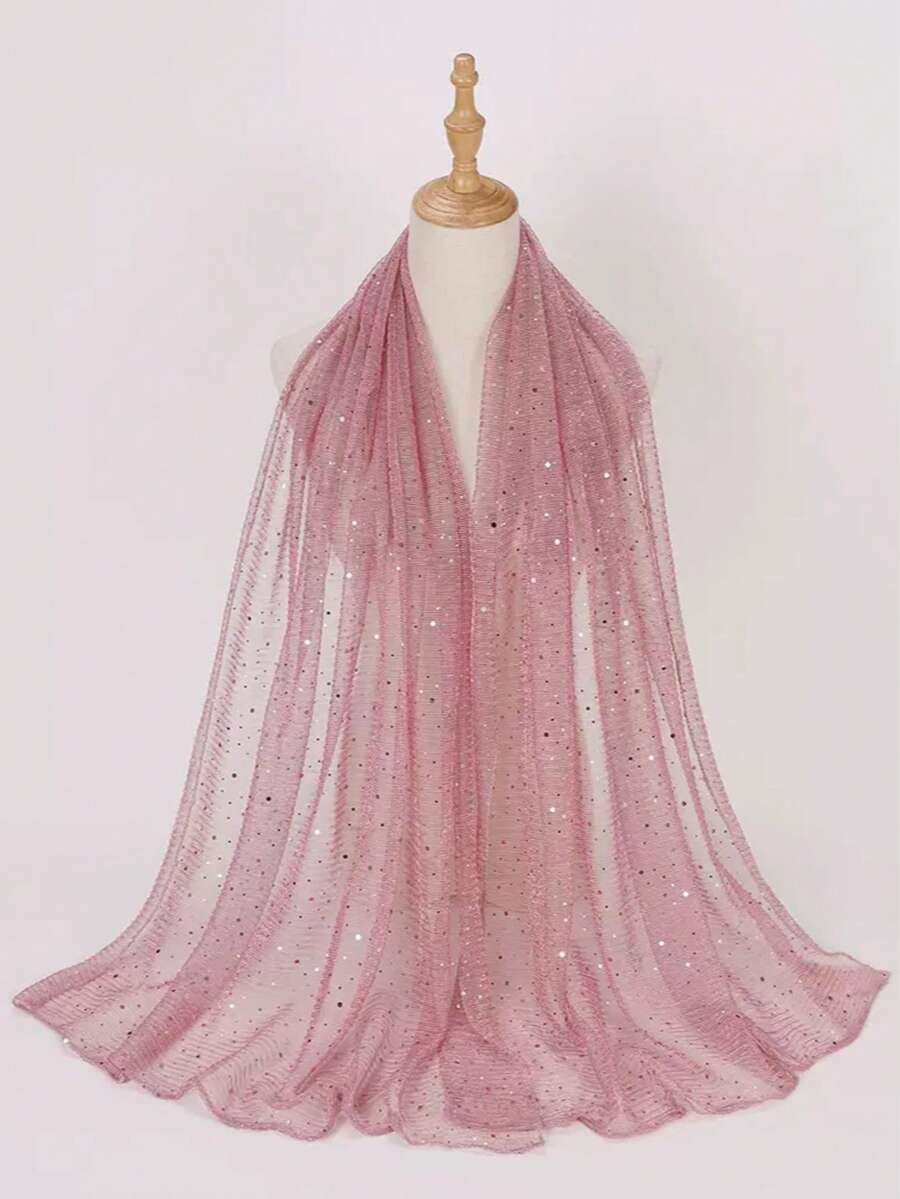 1pc Women's Lightweight Solid Color Sequin Bandana Scarf, Middle Eastern Headscarf, Decorative Shawl, Suitable For Daily Use - Light Pink - View 1