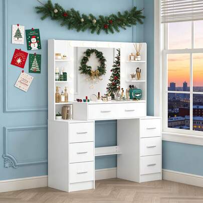 Dressing Table Vanity Set W/ Mirror 11 LED Bulbs 7 Drawer Make Up Desk Bedroom -Touch Control Mirror, Ideal For Organizing Makeup, Skincare. Compact Vanity Furniture Fits Bedroom, Serves As Decor, Gift, Perfect Gift For Women