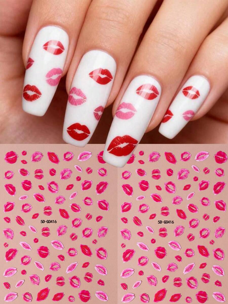 2片装5D情人节粉色嘴唇吻痕美甲贴纸，2片装可爱嘴唇美甲贴花，5D性感嘴唇自粘美甲设计，适合女性/女孩情人节美甲装饰美甲用品 - 彩色 - 查看 1
