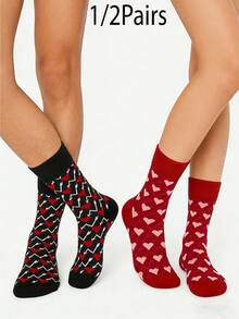 1/2 Pair Arrow & Heart Pattern Socks, Black & Red, Fashion Versatile Casual Unisex Mid-Calf Socks For Couples - Multicolor - View 7