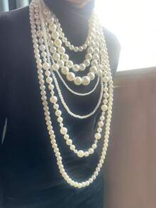 1pc Multi-Layer ABS Pearl Necklace, White Jewelry, Luxury Gift For Women, Suitable For Party, Wedding, Prom, School - White 7-layer Long Pearl Necklace - View 3
