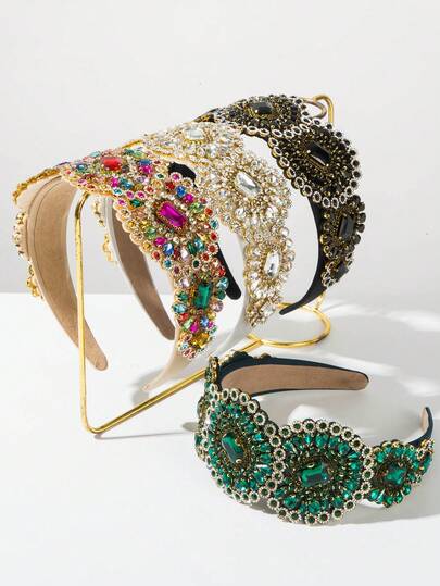 1pc Solid Color Wide-Brimmed European And American Fashion Baroque Headband For Women, Vintage Luxurious Multi-Colored Rhinestone Decor, Suitable For Ball, Party, High-Quality Hair Accessory (Colorful Rhinestone Positions Are Random)