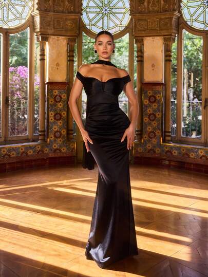 Faeriesty Elegant Off-Shoulder Mermaid Dress, Fitted Bodice, Matching Neck Scarf, Silky Fabric, Flowing Mermaid Skirt - Ideal For Weddings, Formal Galas, Awards Ceremonies, And Theater Events