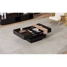 Square Living Room Table 70 X 70 X 39 Cm, Extendable Coffee Table With Hidden Storage, Tea Table With Color Block Design, High Gloss Living Room Side Table, Black, MDF - Hitam - View 8