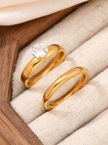 2pcs Stainless Steel Golden Simple And Vintage Heart-Shaped Rings Couple Engagement Promise Rings , Rings Set Suitable For Women's Daily Decoration Or Wedding Proposals Valentine's Day Gift ,Mom,Mother,Mother's Day,Gift - Gold - View 3