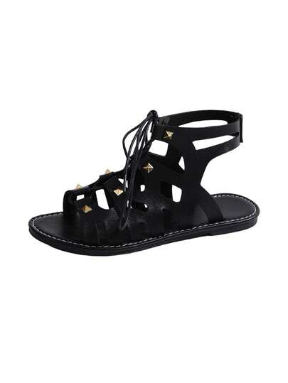 Sandal nữ màu trơn bằng da PU, quai chéo, kiểu dáng đi biển, giày bệt mũi tròn buộc dây mùa hè, trang trí đinh tán rỗng, sandal La Mã hở gót.