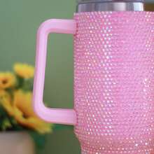40oz Diamond-Studded Tumbler With Handle & Straw – Double-Wall Insulated Stainless Steel Water Bottle, Travel Mug For Women, Leakproof, Multi-Color/Texture, Gift For Home, Kitchen, Wedding - Peach Pink - View 6
