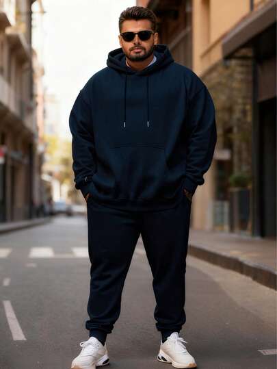 Set de 2 piezas de pantalones casuales con cordón y bolsillos + sudadera con capucha para hombres talla grande, adecuado para primavera, otoño, invierno, uso al aire libre, ropa urbana, uso diario