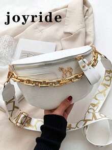 中号鳄鱼纹压花斜挎胸包兼零钱包，时尚链条装饰拉链腰包，配有可调节肩带，复古经典PU皮革女士单肩包，适合旅行和运动 - 白色 - 查看 1