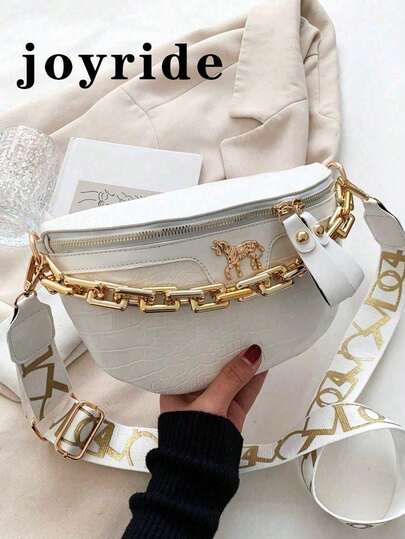 中号鳄鱼纹压花斜挎胸包兼零钱包，时尚链条装饰拉链腰包，配有可调节肩带，复古经典PU皮革女士单肩包，适合旅行和运动