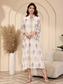 优雅刺绣阿拉伯风格连衣裙，JALABIA 领口拼接刺绣，时尚优雅的2026新款斋月传统服饰 - 白色 - 查看 5