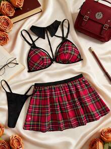 Regalo sorpresa del Día de San Valentín - Conjunto de lencería sexy de 3 piezas: uniforme de cosplay, top con escote, tirantes ajustables, sujetador con solapa, falda corta y tanga con banda elástica - Rojo - Ver 6