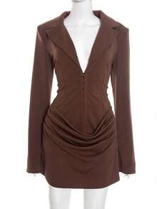 Sexy Casual Brown Knitted Fabric Long Sleeve Mini Dress For Women With Button Front And Plicated Detailing - Brown - View 9