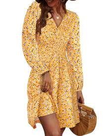 Women's All Over Floral Print Belted V Neck Dress Boho V Neck A-Line Short Dress For Summer Party Holiday Soft Lightweight Stretchy Fabric Comfortable Daily Wear - 黃色 - 查看 3