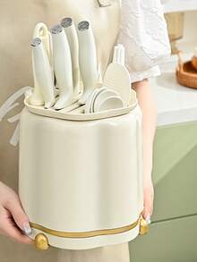 1pc New Luxury Cream-Colored Rotating Knife Holder, Multi-Function Knife Rack & Utensil Organizer, Home Kitchen Storage Rack - Creamy White - View 5