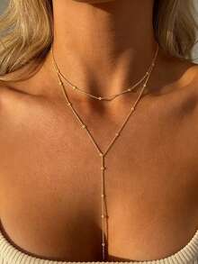 1pc Fashionable Minimalist Geometric Tassel Gold-Tone Multi-Layer Long Y-Necklace With Round Beads, Suitable For Party, Gathering, Daily Wear, Gift (Handmade Chain Cut To Appropriate Length, Bead Quantity May Vary)