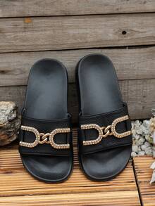 Women's Fashion Strap Sandals, Gold Buckle Decor Casual Comfortable Flat Slippers, Suitable For Outdoor, Vacation, Beach - Black - View 6