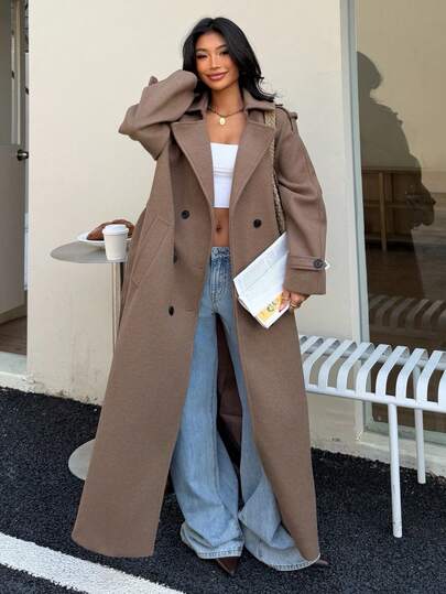 Seelio Autumn/Winter New Women's Fashion Classic Double-Breasted Windbreaker Coat Woolen Overcoat