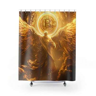 Bitcoin-Inspired Angel Shower Curtain, Gold Crypto God Bathroom Decor, Futuristic Digital Currency Art For Crypto Lovers Printed USA