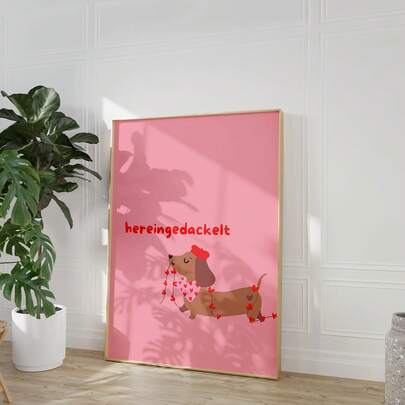 1 Stück rahmenloses Valentinstag Dackel Deko rosa Kunst süßes Haustier Poster Herz Thema Tier Wanddekoration, geeignet für Schlafzimmer, Wohnheim, Kinderzimmer, Wohnzimmer, Party Dekoration