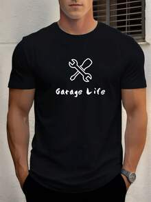 Men's Graphic Shirt "Garage Life" – Casual Short Sleeves. Round Neck. Black With White Wrench Design. Lightweight; Breathable For Summer. Suitable For Outdoor Activities. Casual Summer Clothing, Loose-Fitting Shirt, Comfortable Fit. - 黑色 - 查看 6