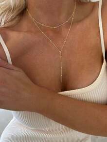 1条长款Y形吊坠项链，配圆形珠子，合金材质，适合派对、服装搭配、日常佩戴、送礼等场合。（手工剪裁链条至合适长度，珠子数量可调节） - 銀色 - 查看 2