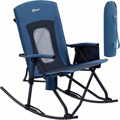 Oversized Folding Rocking Camping Chair Portable Outdoor Rocker With High Back Hard Armrests Carry Bag Supports 400 Lbs Mesh Back Blue
