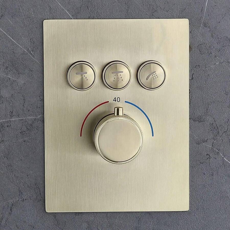 Grifos termostáticos ocultos para baño moderno, válvulas de 3 vías, kit de válvula desviadora de ducha con botón de presión, reemplazo de grifos de ducha de baño - Oro cepillado - Ver 1