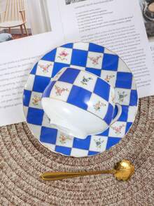 1pc Compact Coffee Cup And Saucer Set, Exquisite Plaid Pattern Couple Cups, Suitable For Home, Club, Cafe, Office - Multicolor - View 2
