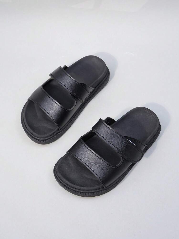 1 Pair Girls' Black & White Contrast Color Thick Sole Slide Sandals. Faux Leather Upper, Simple Double Strap Design, Open Toe Low-Top Style. Thick Sole Comfortable Casual, Suitable For Daily Indoor And Outdoor Walking. - Black - View 9