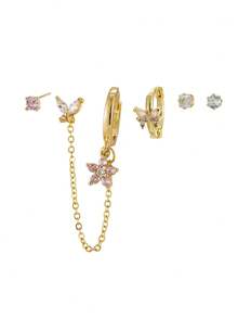 5 pièces Ensemble de boucles d'oreilles simples pour femmes avec fleur, papillon et gland ornés de zirconium, mode et raffiné - Or jaune - Voir 5