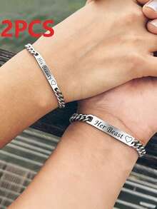 2条个性化时尚金属“Forever”刻字情侣手链，扁平椭圆链，朋克风情人节周年纪念礼物，情侣对戒