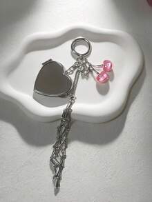 1pc Elegant Valentine's Day/Birthday Gift Silver Lipstick Net Keychain, Y2K Bag Charm Fashion Lipstick Hand Cream Chain Pendant, Heart Mirror Bow Cherry Keychain Car Key Chain - Silver - View 15