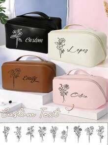 Personalized Women's Real Leather Cosmetic Bag, Customizable Name Travel Makeup Bag, Customizable Toiletry Bag, Large Zipper Opening Cosmetic Bag, Reusable Makeup Bag, Skincare Set Cosmetic Bag Packaging Box