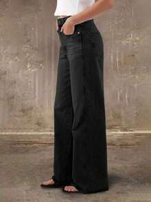 新款时尚女式直筒牛仔裤，舒适弹力，高品质，春季休闲百搭黑色 - 黑色 - 查看 5