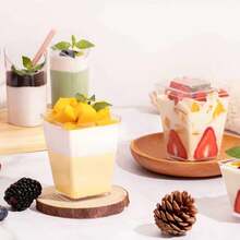 50pcs Plastic Dessert Cups, Small Square Clear Jelly Cups, Square Mini Appetizer Cups, Reusable Dessert Bowls, Yogurt Parfait Cups, Suitable For Mousse Cake, Party, Wedding, Tasting, Pudding, Etc. - Transparent - View 9
