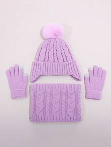 儿童帽子、手套和围巾三件套，带保暖内衬护耳针织帽，冬季保暖配饰，男女童皆宜 - 護耳帽三件套 - 查看 15