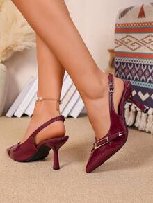 Giày cao gót nữ thanh lịch, gợi cảm, màu trơn, thích hợp đi làm, dự tiệc, chất liệu da PU, khóa cài, màu đen bóng, sandal gót thấp. - Màu Đỏ Sâu - Xem 7