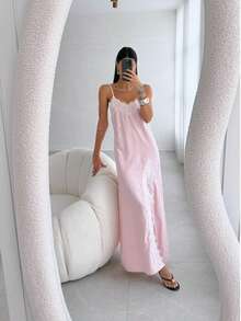 Elegant Long Dress With Slit, Lace, Slip Dress, Perfect For Parties, Parties, And Weddings. - 淺粉色 - 查看 2