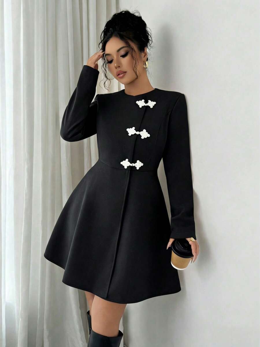 Stylish Women's Long Asymmetrical Flared Coat With Woven Fabric And Unique Toggle Closure Details - Black - View 1