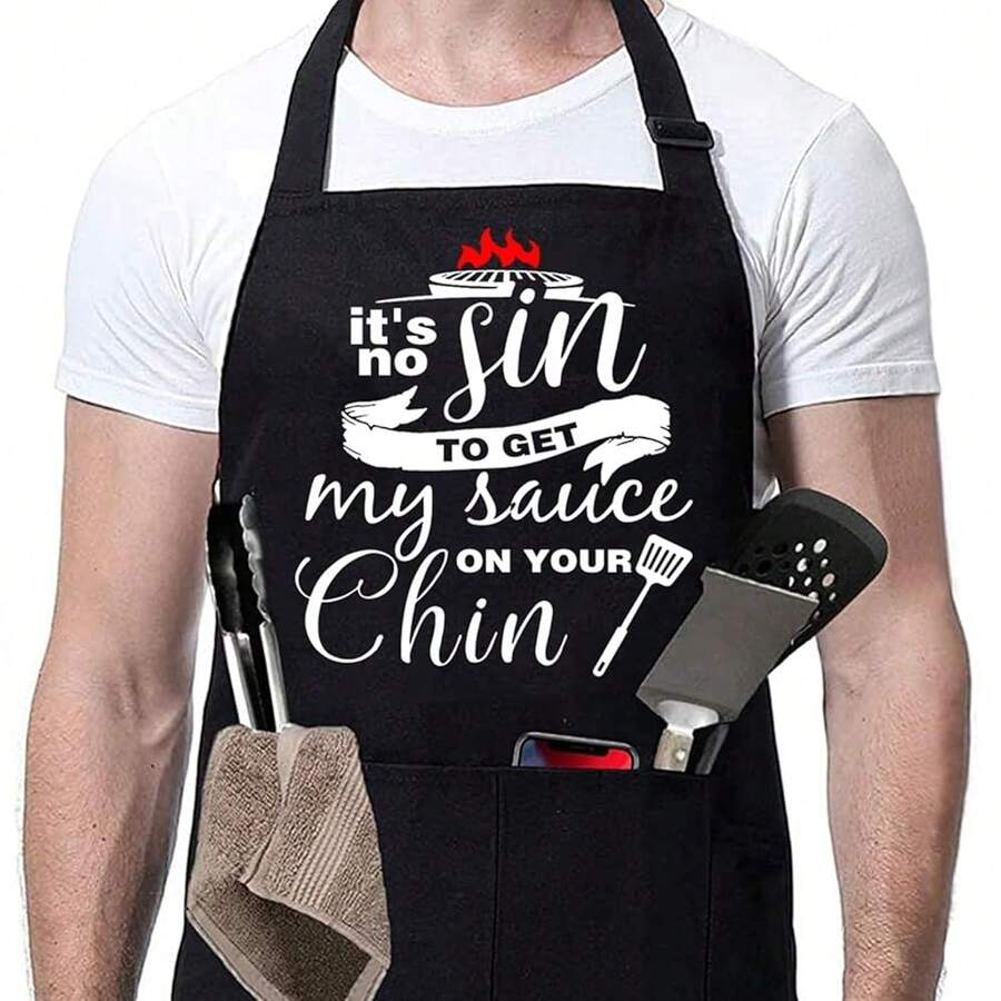 ZOORON Funny Black Chef Aprons For Men Adjustable BBQ Grill Kitchen CooFKing Aprons With Pockets, Grill Accessories,It'sNoSintoGetMySauceonYourChin - 把我的醬汁塗在你的下巴上是無罪的 - 查看 1
